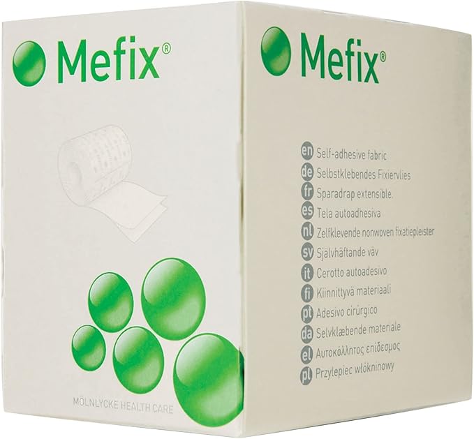 Mefix Medical Adhesive Soft Cloth Tape box, 5 cm x 10 m, on white background.
