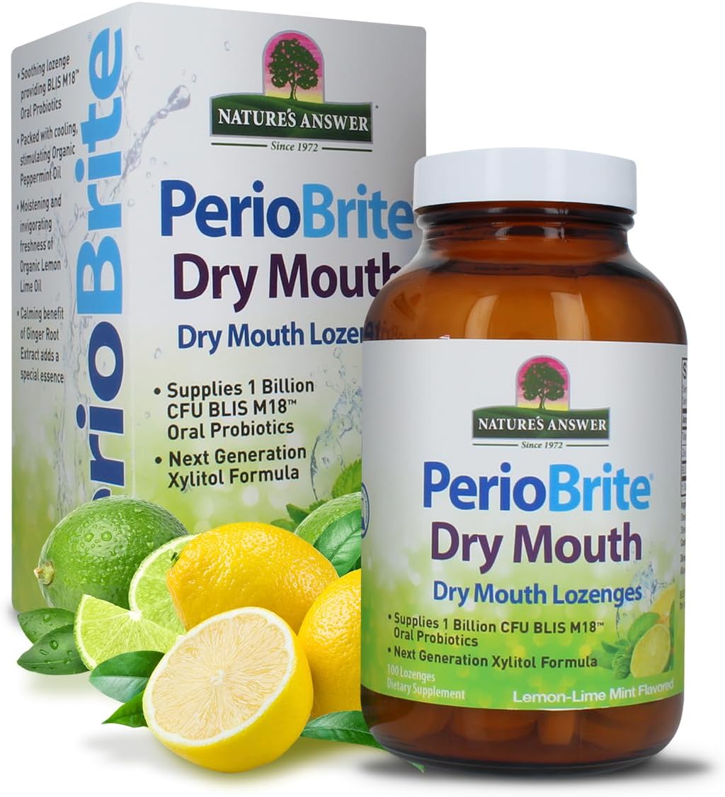 Nature’s Answer PerioBrite dry mouth lozenges lemon lime flavour 100 count box & bottle front label