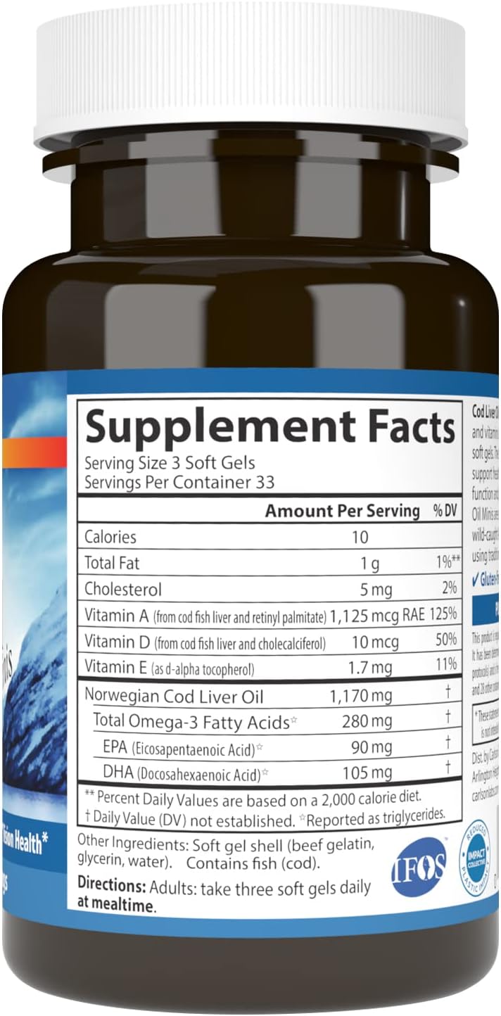 Supplement facts & ingredients image: Carlson Cod Liver Oil Minis omega 3 vitamins A D3 supplement facts softgels 100 count