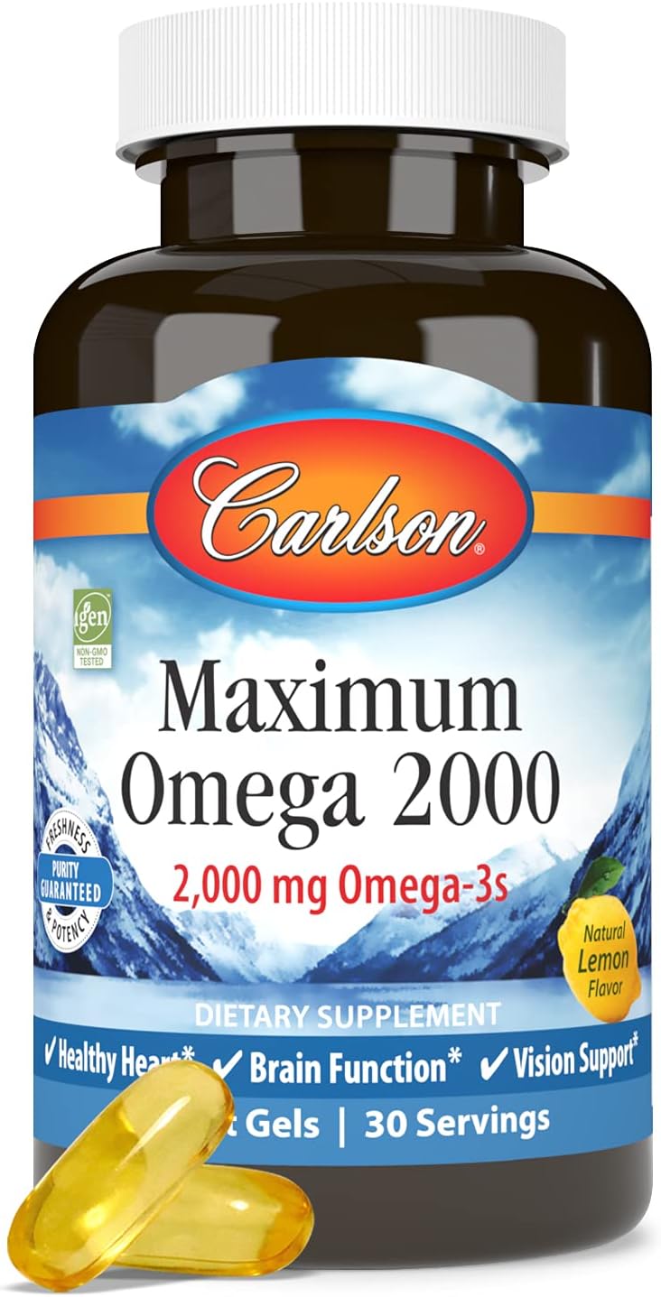 Front image: Carlson Maximum Omega 2000 fish oil lemon softgels omega 3 60 bottle