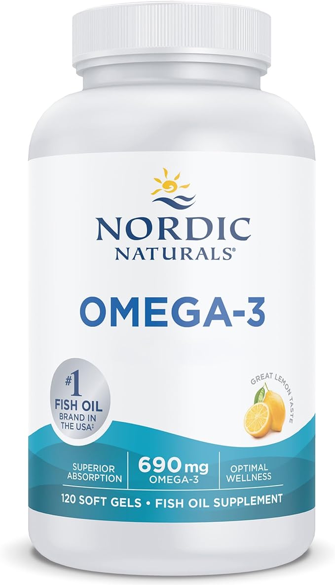 A white plastic bottle of Nordic Naturals Omega-3 fish oil supplement with a white cap, featuring a white label with blue and teal text and graphics.
