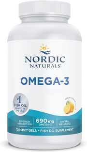 A white plastic bottle of Nordic Naturals Omega-3 fish oil supplement with a white cap, featuring a white label with blue and teal text and graphics.