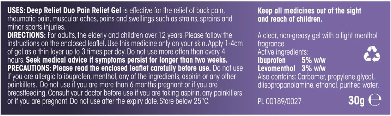 Deep Relief Duo Pain Relief Gel tube packaging ibuprofen and levomenthol gel 30g ingredients information panel