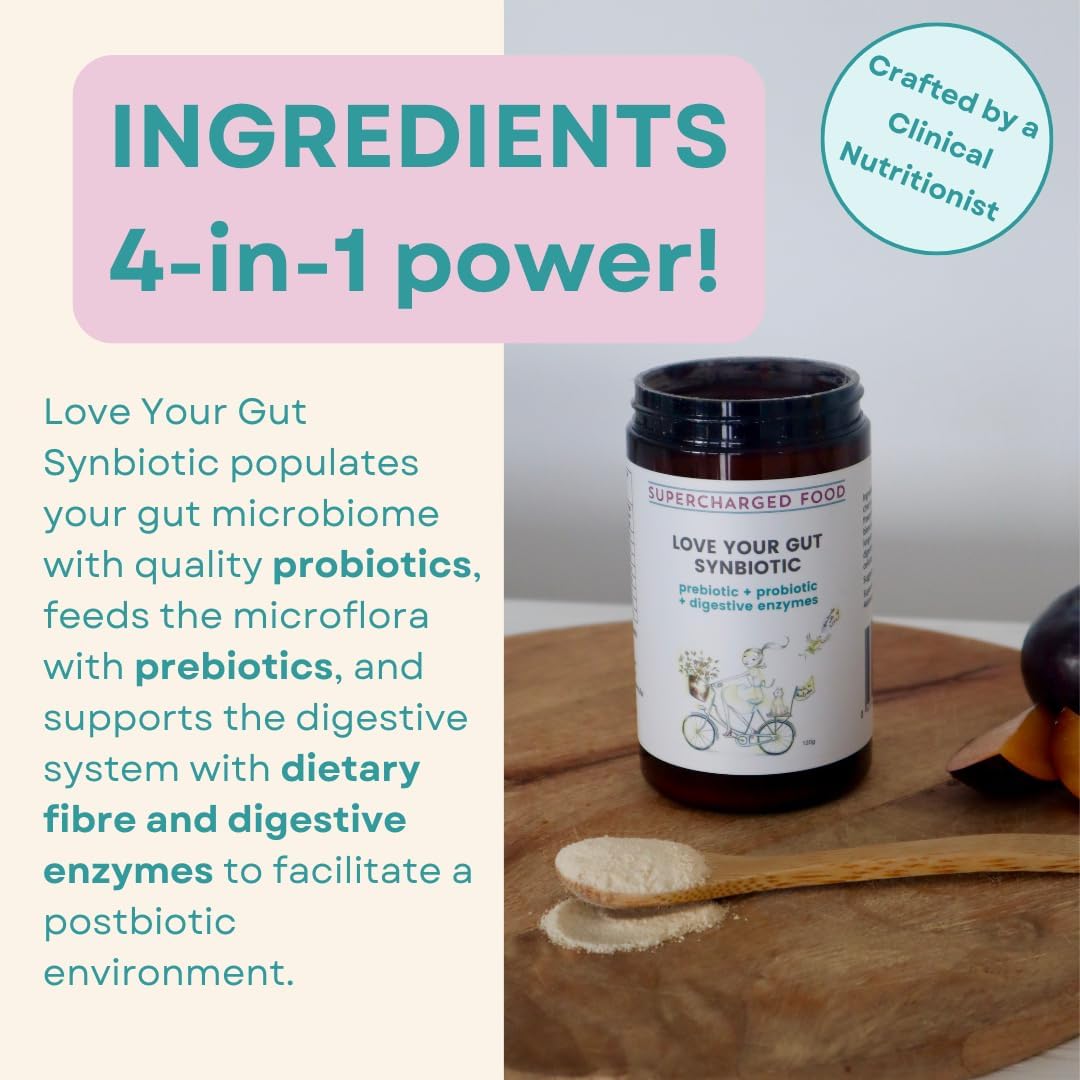 Ingredients and directions for Synbiotic Powder for Gut Health.
