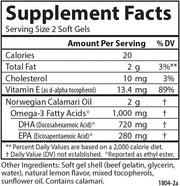Supplement facts & ingredients image: Carlson EcoSmart Omega 3 calamari oil EPA DHA supplement facts 120 softgels