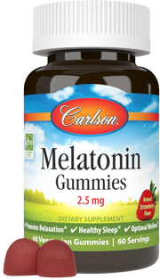 Front image: Carlson Melatonin gummies 2.5 mg strawberry vegetarian gummy 60 bottle