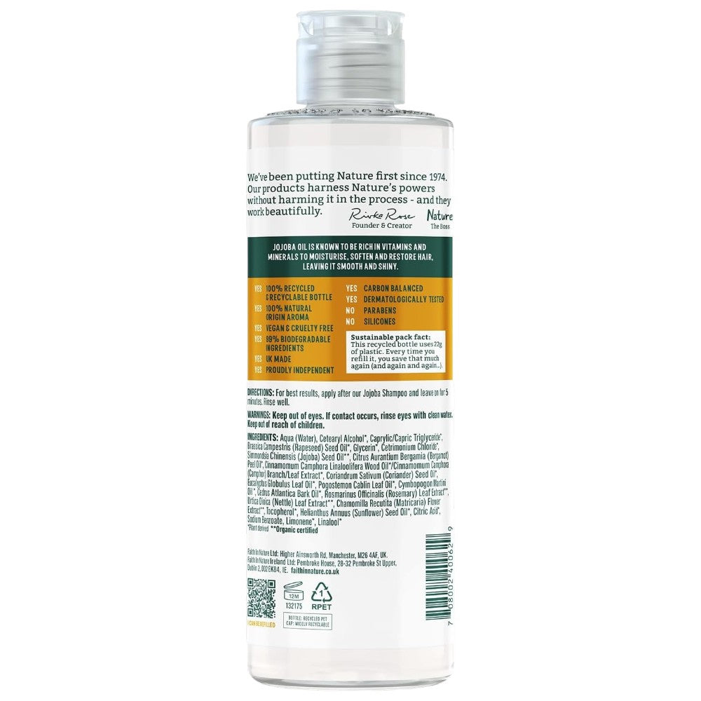 Faith In Nature Jojoba Smoothing Conditioner, bottle packaging, jojoba, 400ml, ingredients & barcode