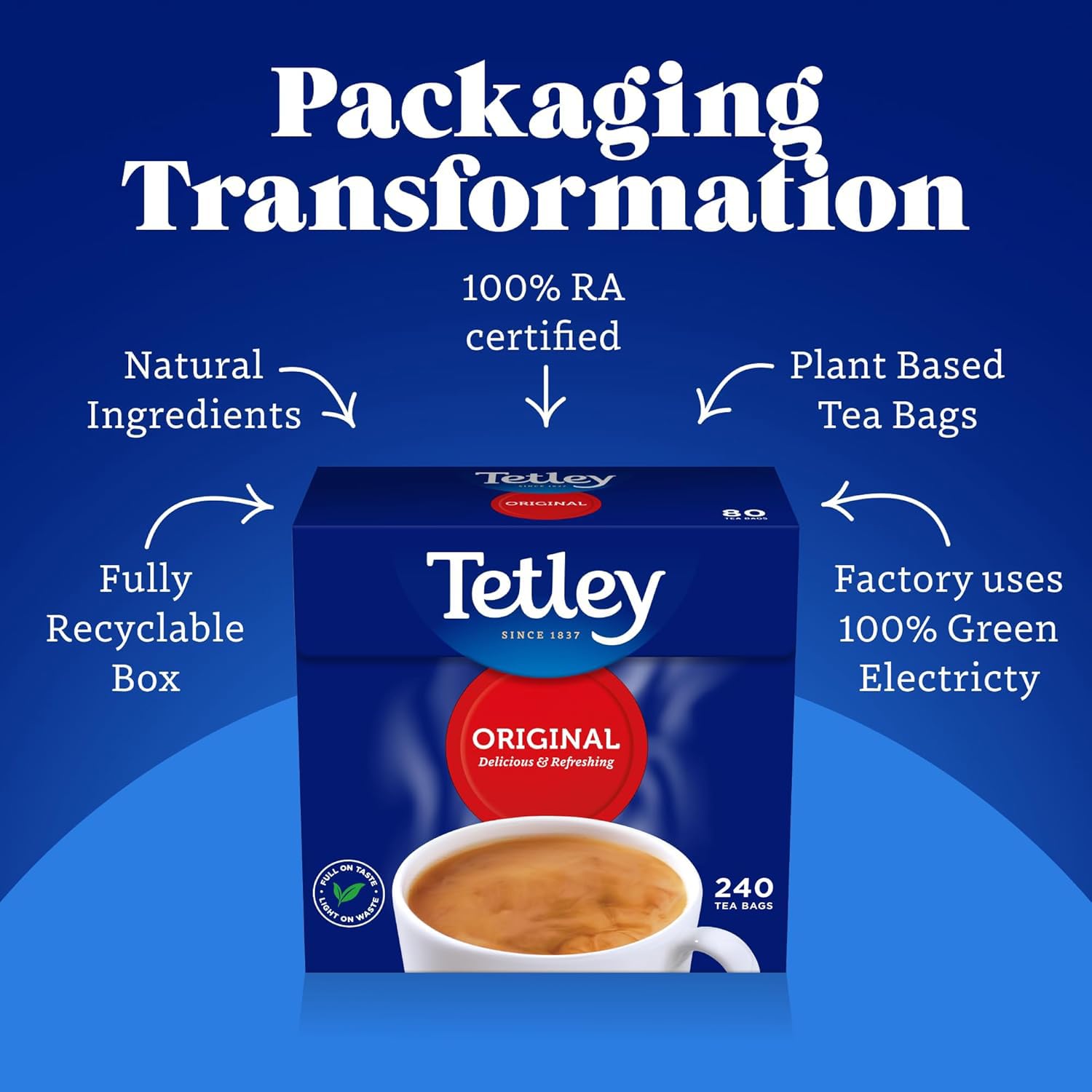 Tetley Original Black Tea Bags box packaging black tea 240 tea bags ingredients and product information 