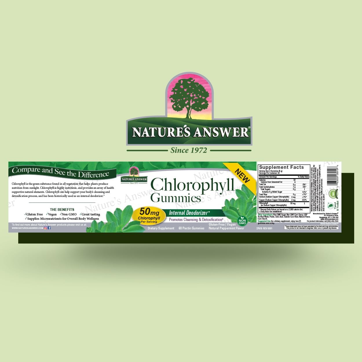 Nature’s Answer Chlorophyll gummies 60 count barcode on a light green background
