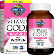 Garden of Life Vitamin Code RAW ONE for Women bottle & box, once daily multivitamin, 75 count.