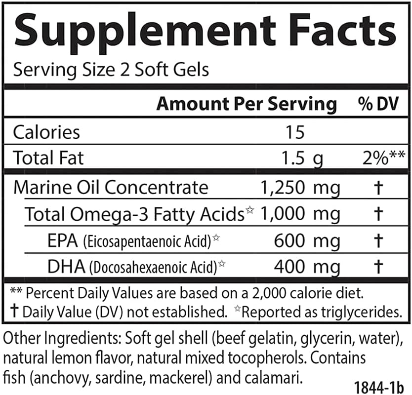 Carlson Maximum Omega Minis Omega-3 lemon flavour bovine soft gels 1000mg 80 count supplement facts and ingredients