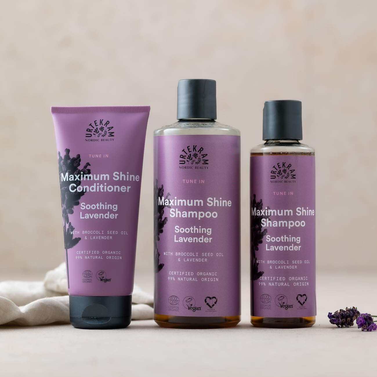Urtekram Maximum Shine Lavender Shampoo bottle, lavender scent, 250ml, hair care use & other variants
