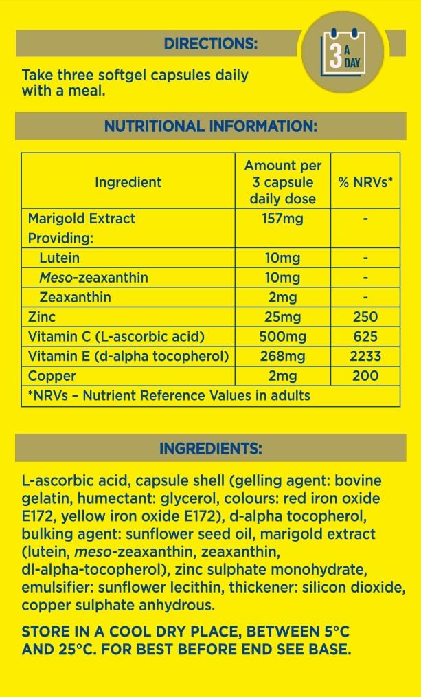 MacuShield Gold eye supplement back packaging with ingredients on white background
