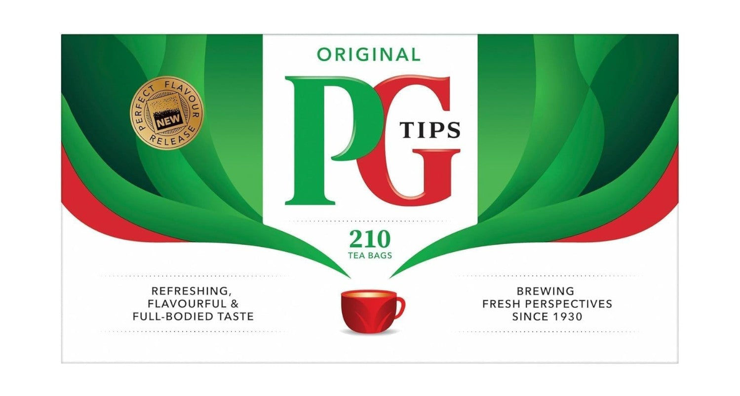 Front Image: PG Tips Original black tea bags 4 x 210 pack 840 count boxes front