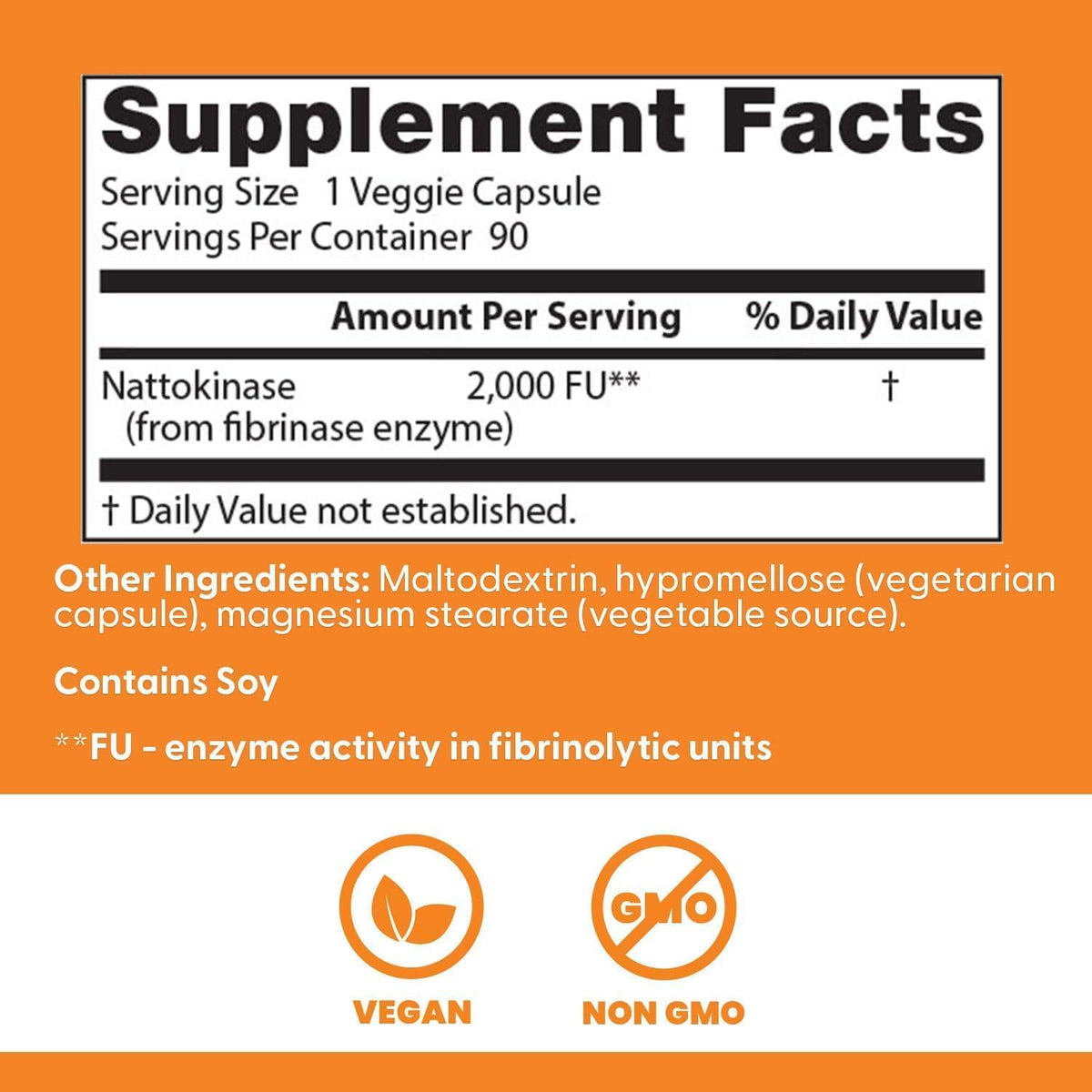 Doctor's Best Nattokinase, bottle packaging, unflavoured, 2000 FU, 90 or 270 veggie capsules, supplement facts and ingredients