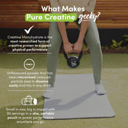Nutrition Geeks Pure Creatine Monohydrate Powder, supplement pouch packaging, Unflavoured, 315g, daily supplement mixing use