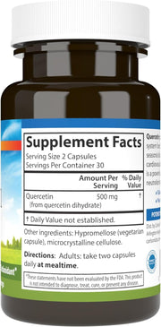 Supplement facts & ingredients image: Carlson Quercetin 500 mg supplement facts vegetarian capsules 120 count