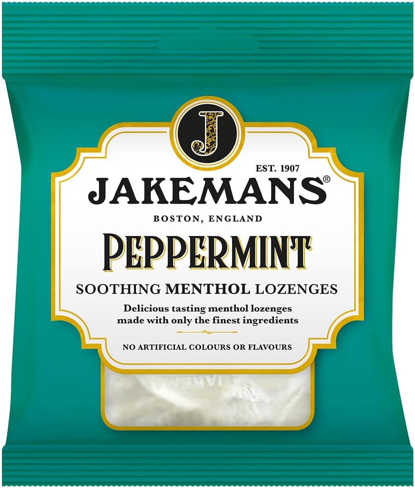 Jakemans Peppermint Soothing Menthol Lozenges, bag packaging, peppermint flavour, 73g