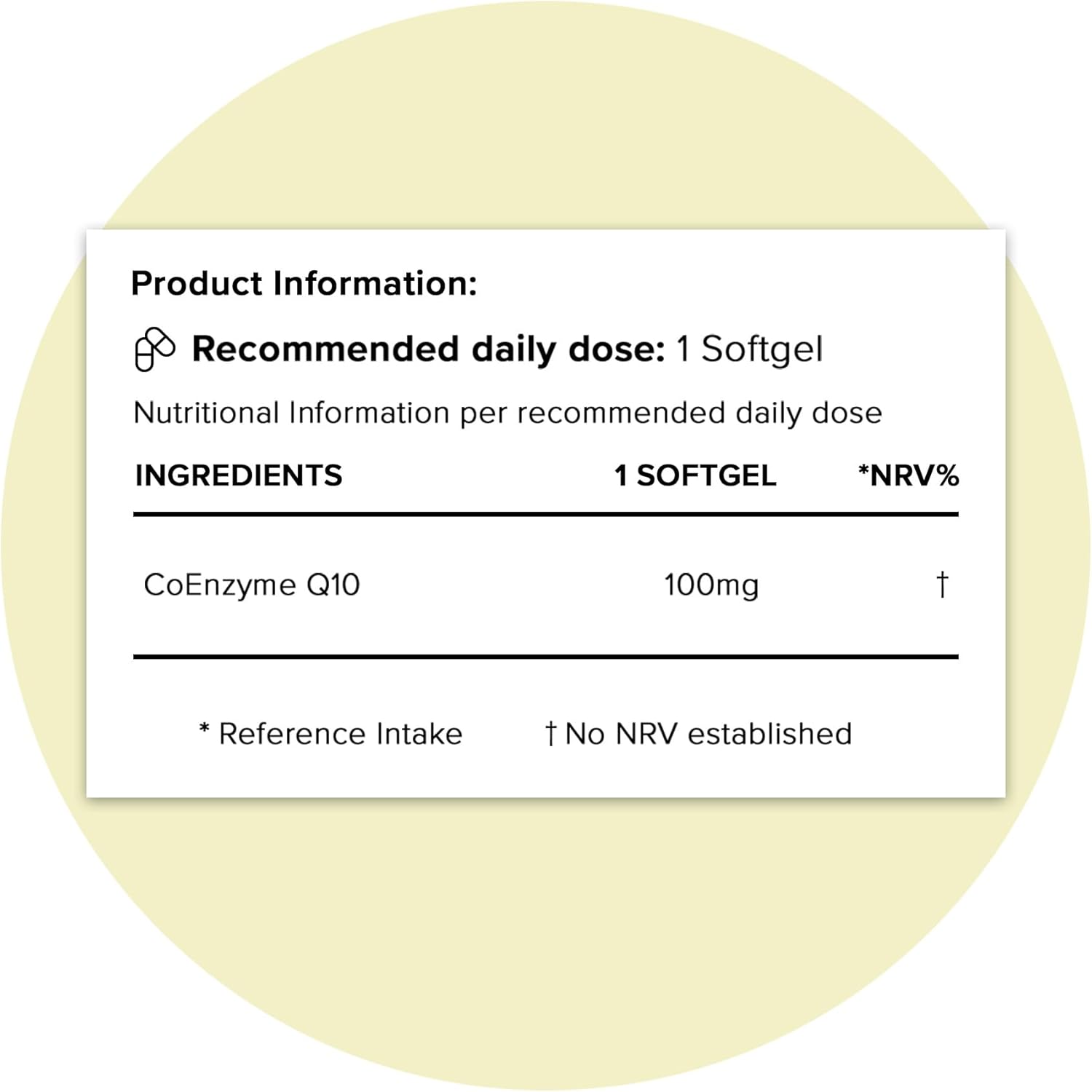 Supplement facts and ingredients for CoEnzyme Q10 softgels.