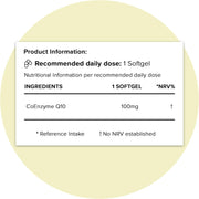 Supplement facts and ingredients for CoEnzyme Q10 softgels.
