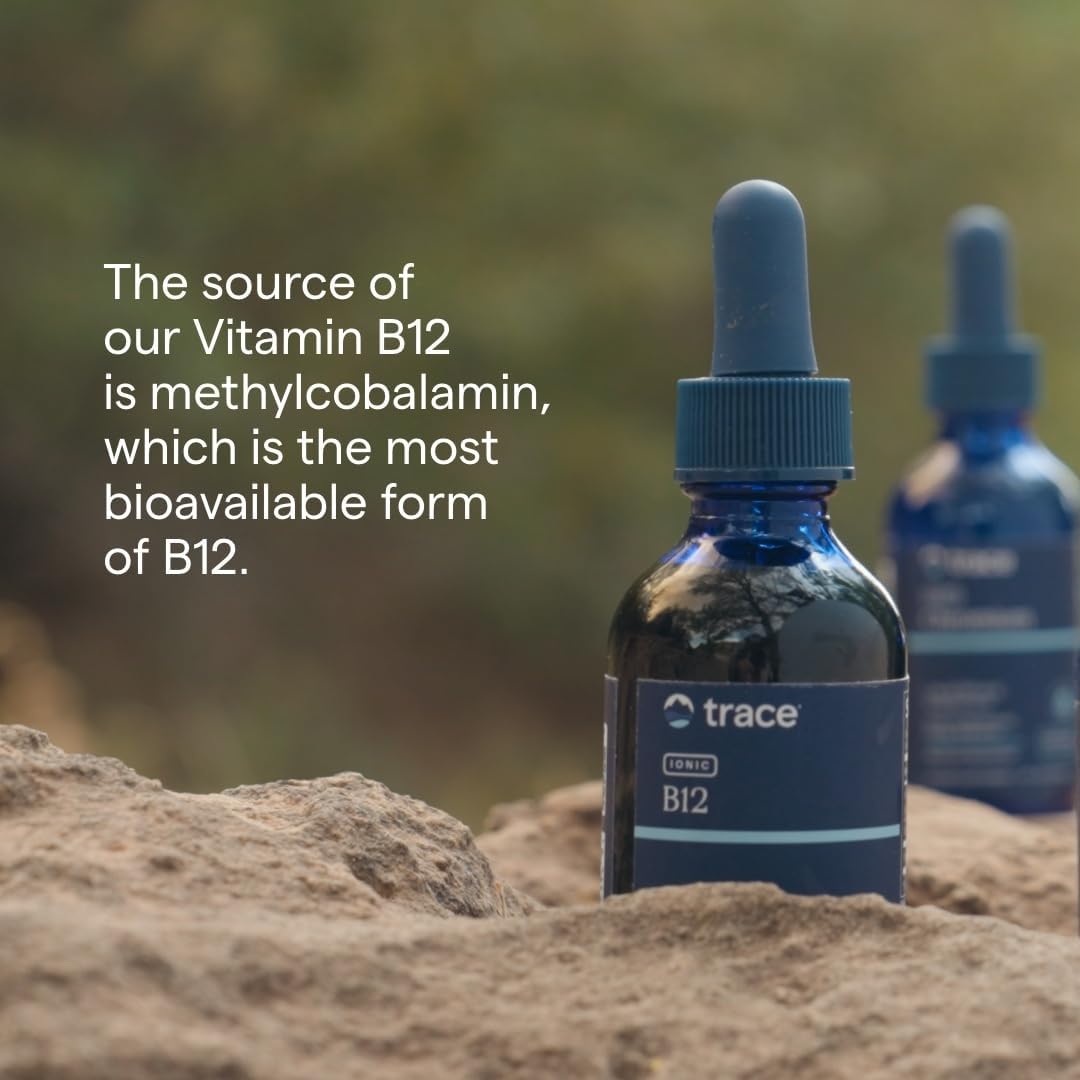 Lifestyle Image: Trace Minerals Ionic B12 1000mcg grape liquid daily supplement bottle 59ml