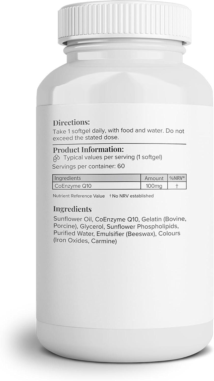 Supplement facts and ingredients for CoEnzyme Q10 softgels.