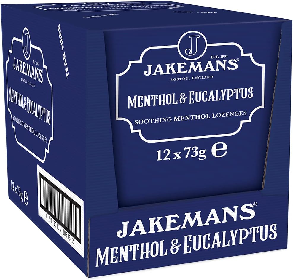 Enjoy Jakemans Menthol & Eucalyptus Lozenges with peppermint and lemon oils. Multipack of 12 x 73g box, suitable for vegetarians.