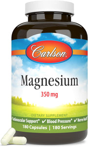 Front image: Carlson Magnesium 350 mg capsules supplement bottle 180 count
