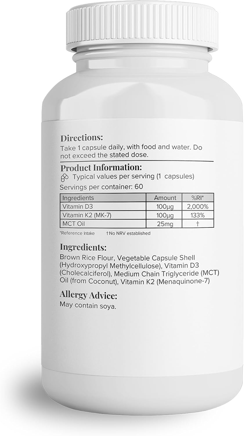 Supplement facts panel for D3, K2, and MCT oil complex.