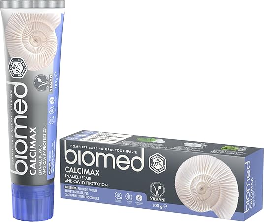 BIOMED Calcimax Mineral Toothpaste tube & box, 100g, on a clean background.