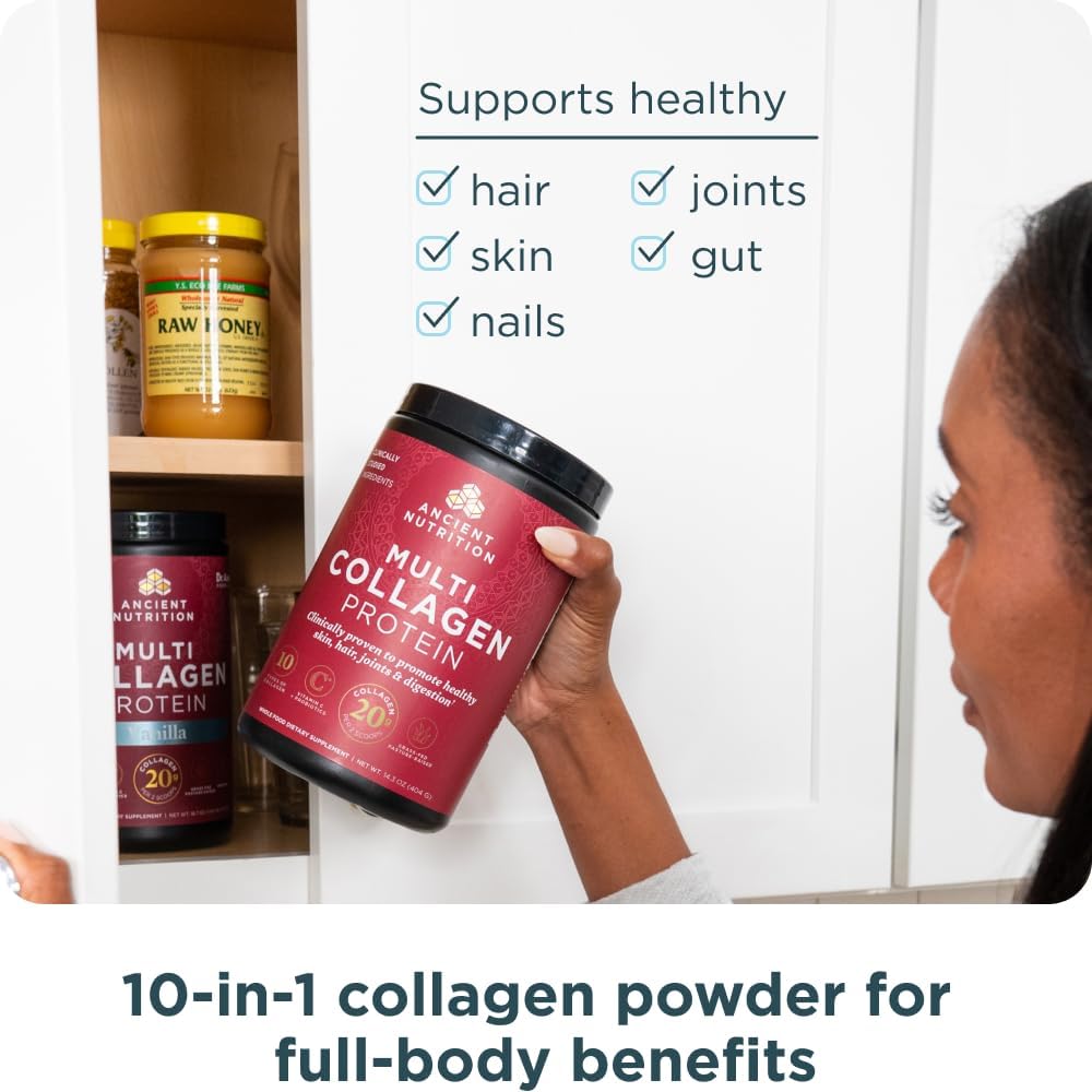 Ancient Nutrition Multi Collagen Protein Powder 404g mixed into a smoothie as part of a daily routine