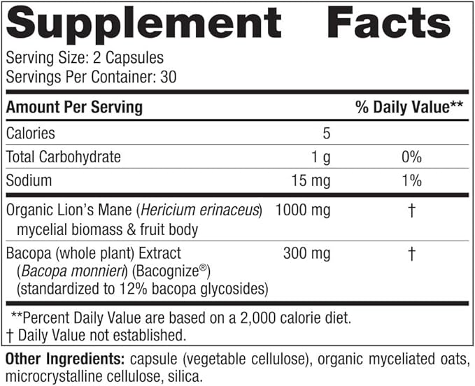 Supplement facts label for Lion's Mane and Bacopa mushroom complex