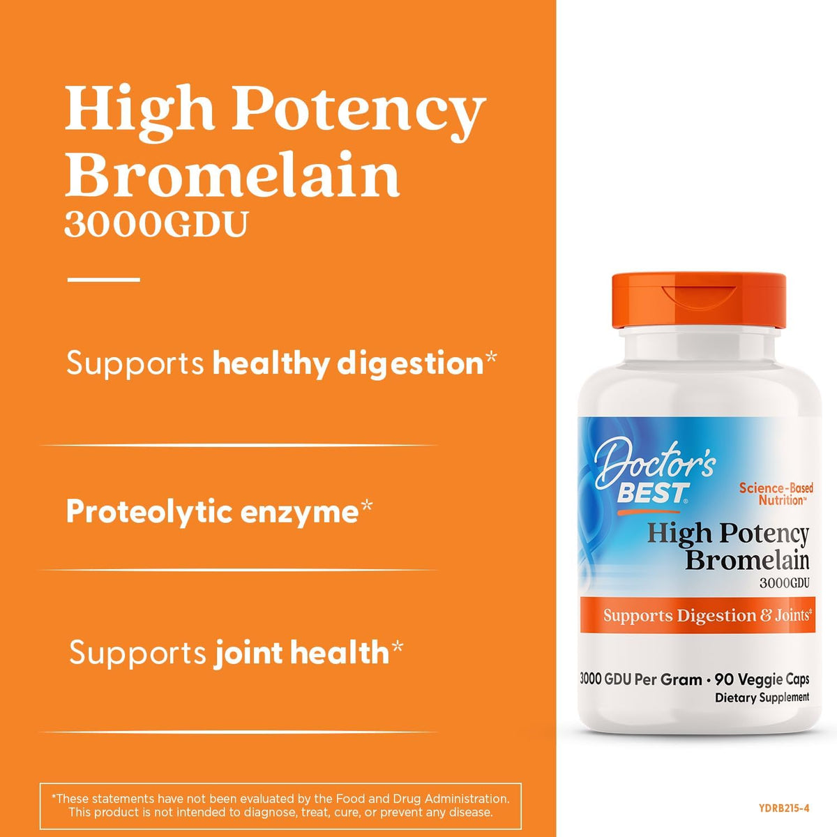Doctor's Best High Potency Bromelain, bottle packaging, unflavoured, 500mg, 90 veggie capsules, daily dietary supplement use