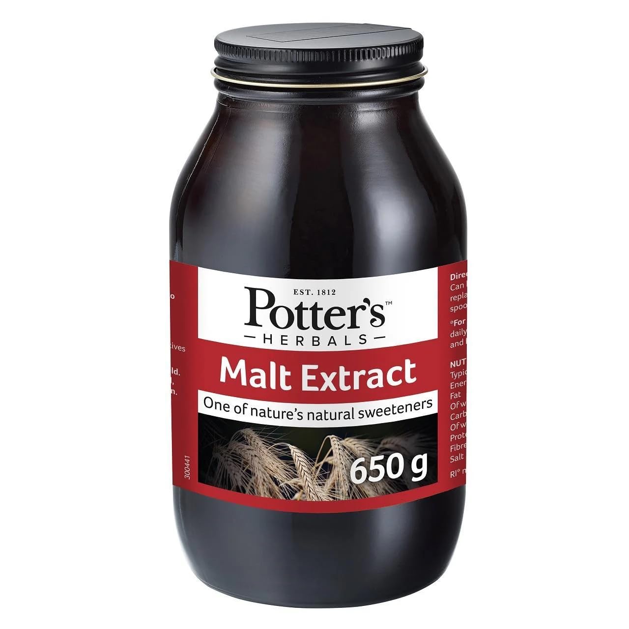 Front image: Potters Herbals malt extract natural sweetener jar 650g single pack