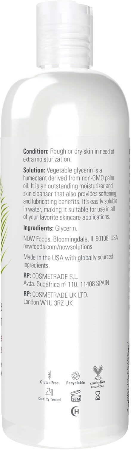 Supplement facts label and usage instructions for NOW Vegetable Glycerin.