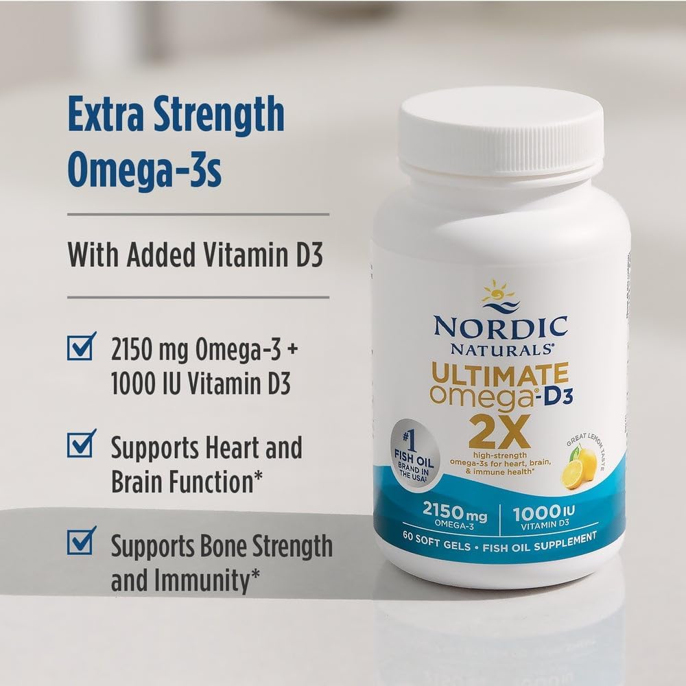 Nordic Naturals Ultimate Omega-3 2X Extra Strength supplement bottle shown on a light gray background with product text and feature bullet points on the left.