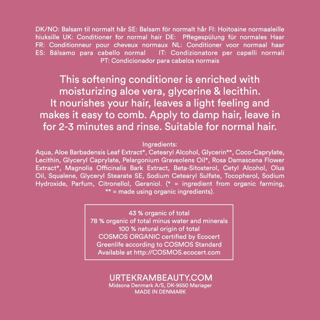 Urtekram Moisturising Rose Conditioner tube, rose scent, no flavour, 180ml, ingredients