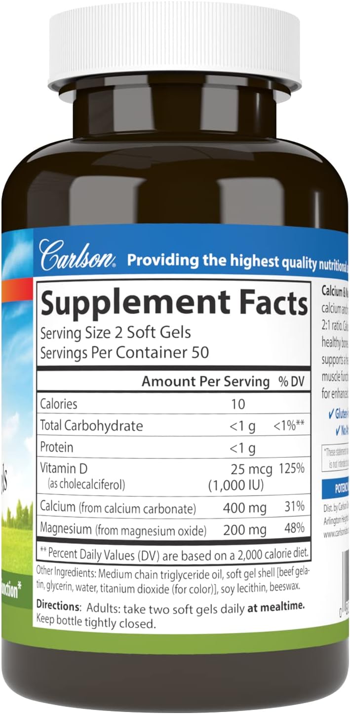Supplement facts & ingredients image: Carlson Calcium Magnesium vitamin D3 supplement facts softgels 100 bottle