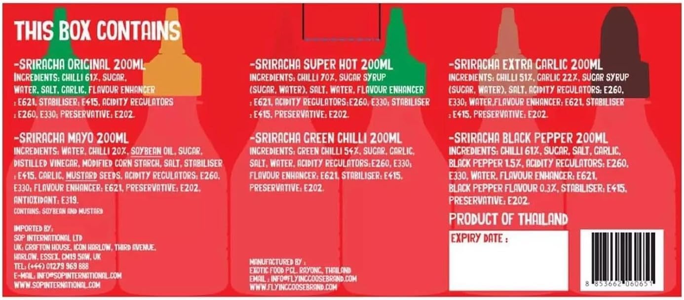 Ingredients & barcode image: Flying Goose sriracha sauce ingredients label bottles 6 pack