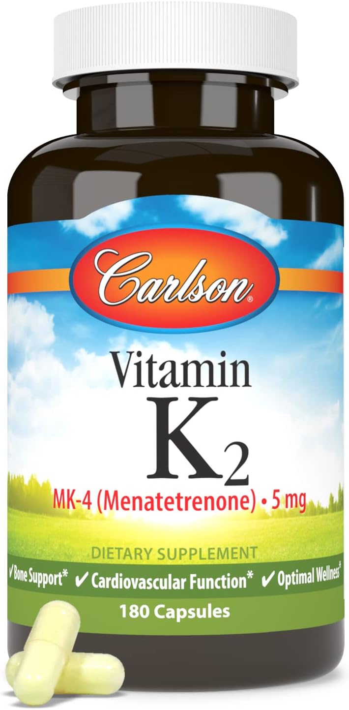 Front image: Carlson Vitamin K2 MK4 5 mg capsules supplement bottle 180 count