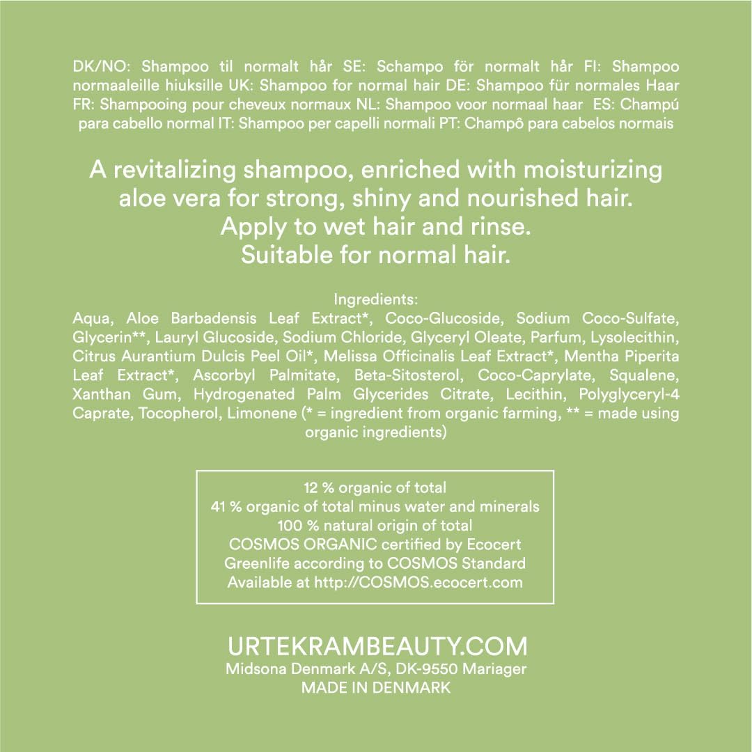 Urtekram Revitalizing Aloe Vera Shampoo bottle, orange scent, 250ml, ingredients
