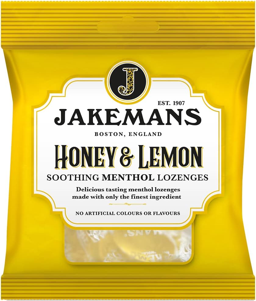 Jakemans Honey & Lemon Soothing Menthol Lozenges, bag packaging, honey and lemon flavour, 73g