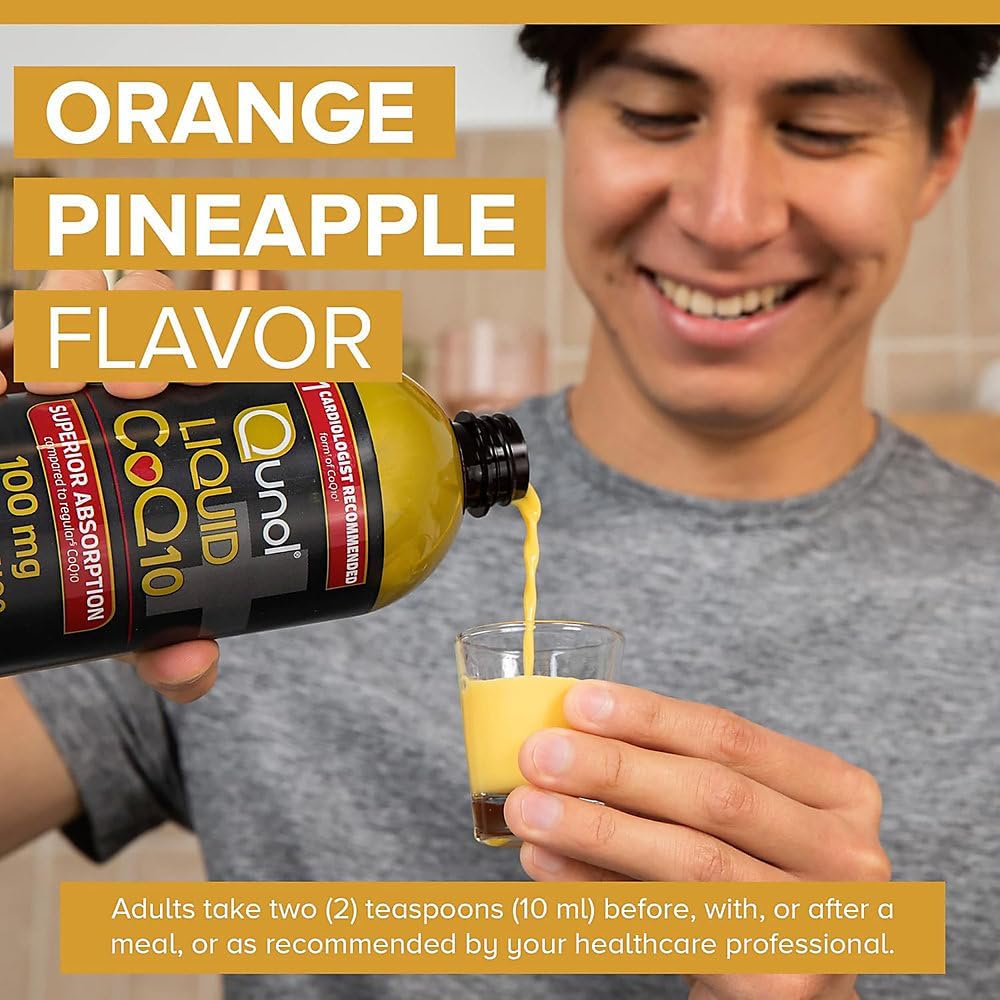 Lifestyle/use image: Qunol Liquid CoQ10 orange pineapple liquid supplement daily use bottle 100mg