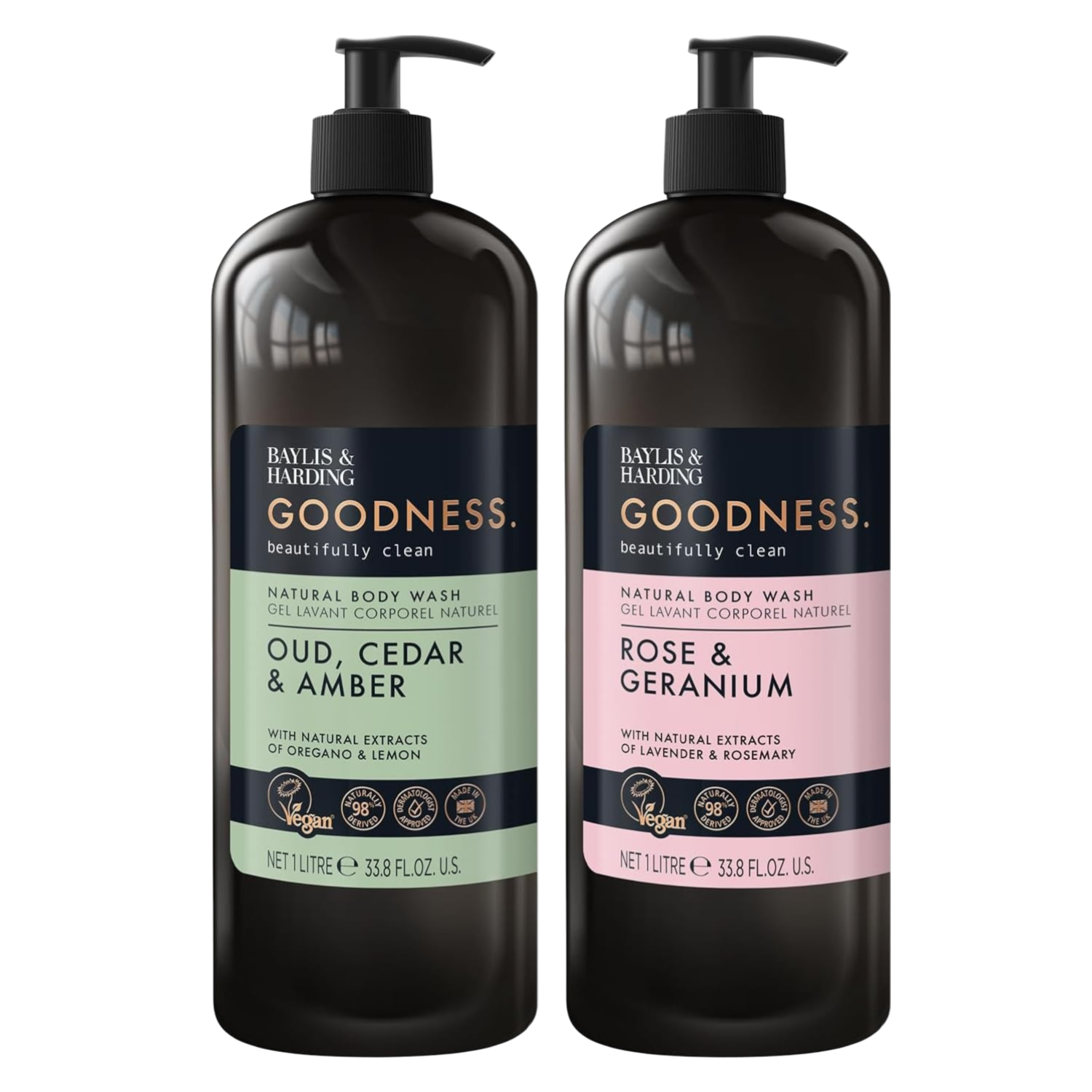 Baylis & Harding Body Wash Duo Oud Cedar Amber & Rose Geranium – 2 x 1L