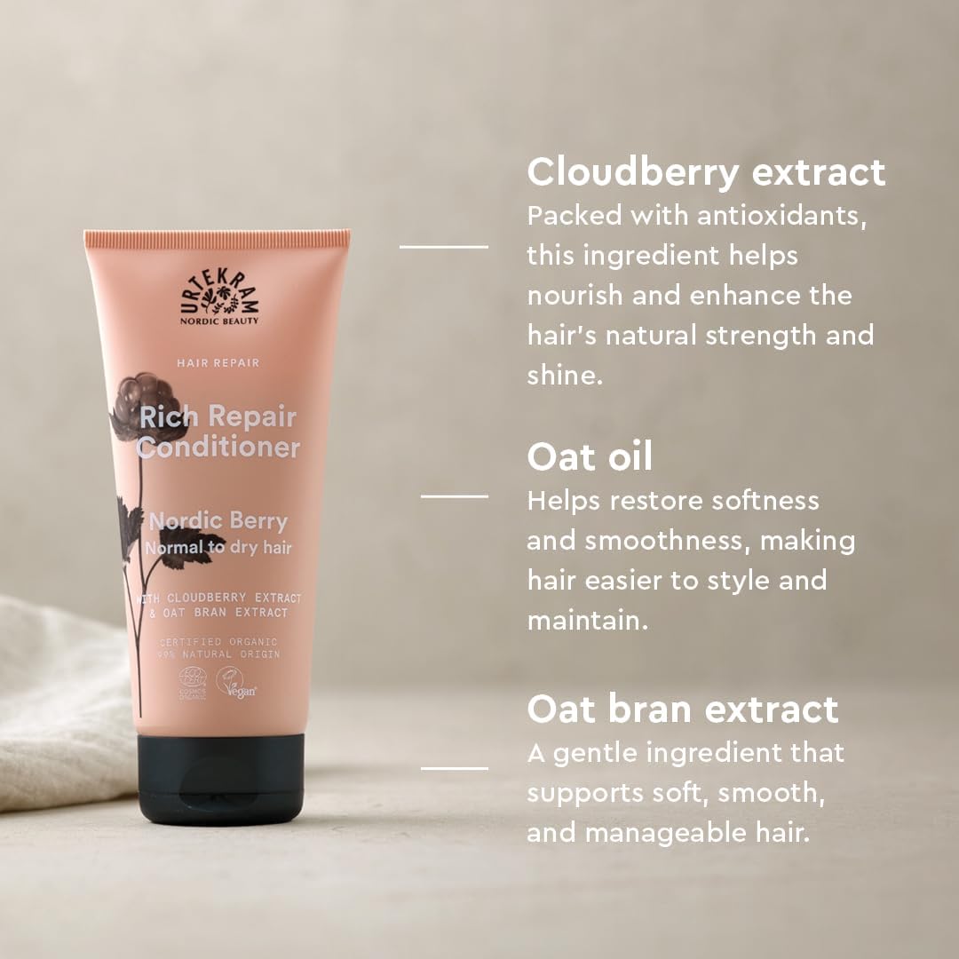 Urtekram Nordic Berry Rich Repair Conditioner, conditioner bottle packaging, fruity berry fragrance, 180ml, ingredients information