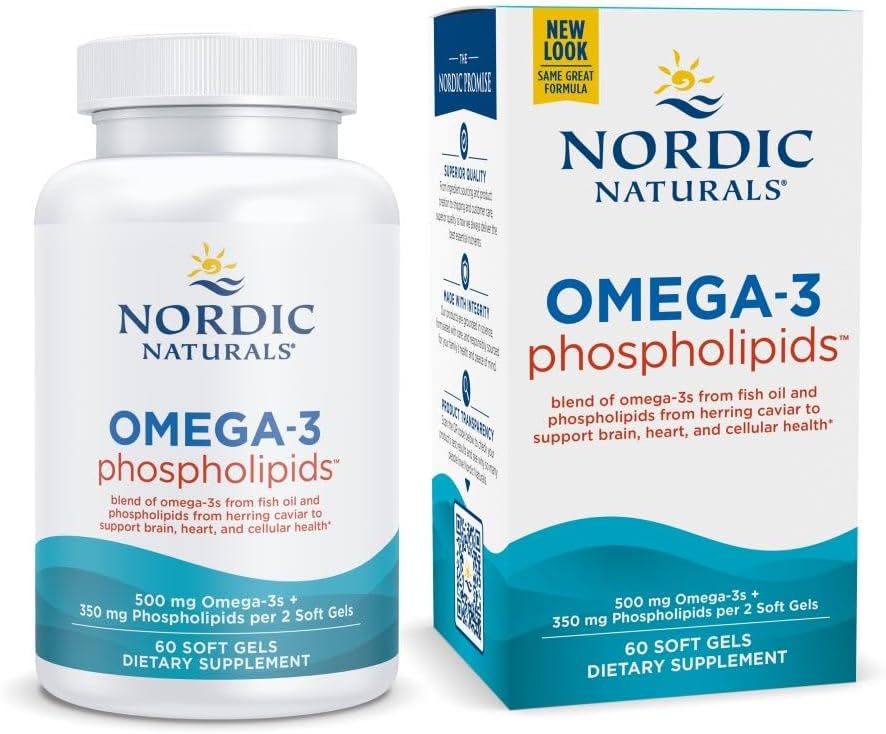 Nordic Naturals Omega-3 phospholipids dietary supplement shown as a white bottle and matching white retail box with blue and orange text on a plain white background.