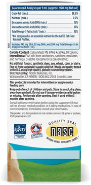 Supplement facts, ingredients, and directions for cat fish oil liquid.