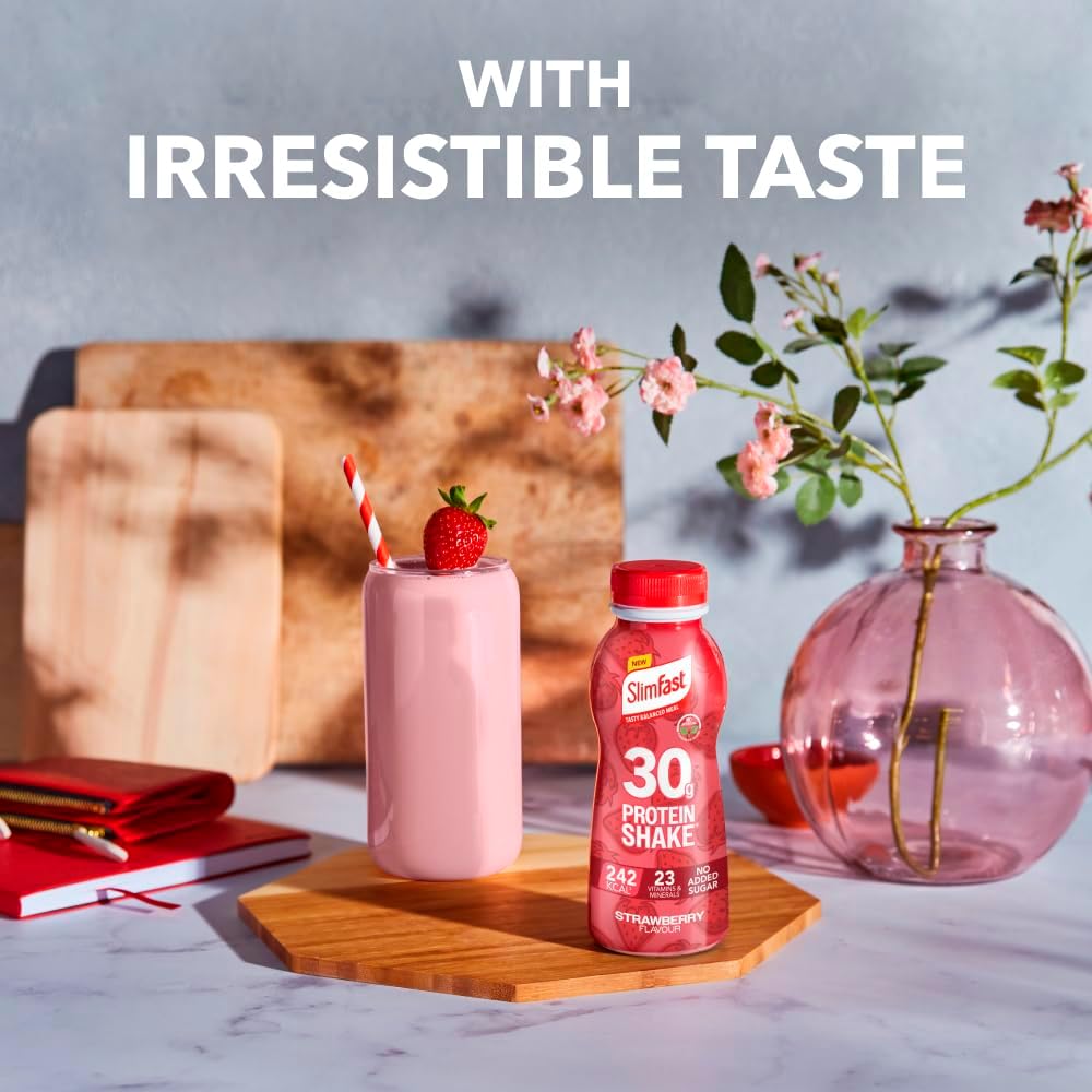SlimFast Strawberry Ready To Drink protein shake serving bottle 325ml pack of 6