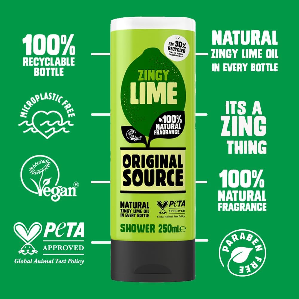 Original Source Zingy Lime Shower Gel 250ml ingredients label with lime essential oil