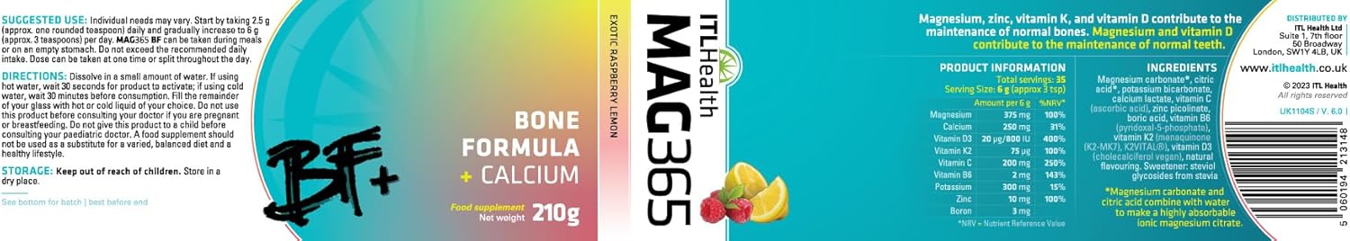 Supplement facts, barcode and ingredients list for MAG365 powder.